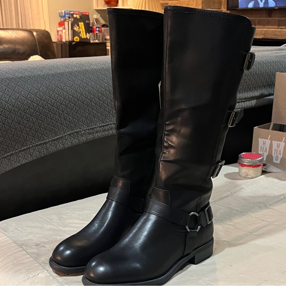 Frye & Co. Black Moto Style Boots with Buckles (Hit at calf)